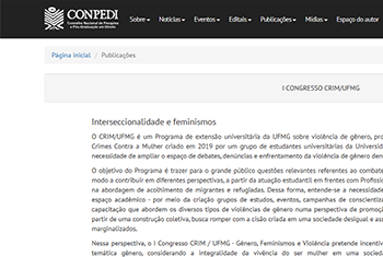 Print do site Copendi na página “Congresso CRIM/UFMG” com um texto intitulado: “Interseccionalidade e feminismo”